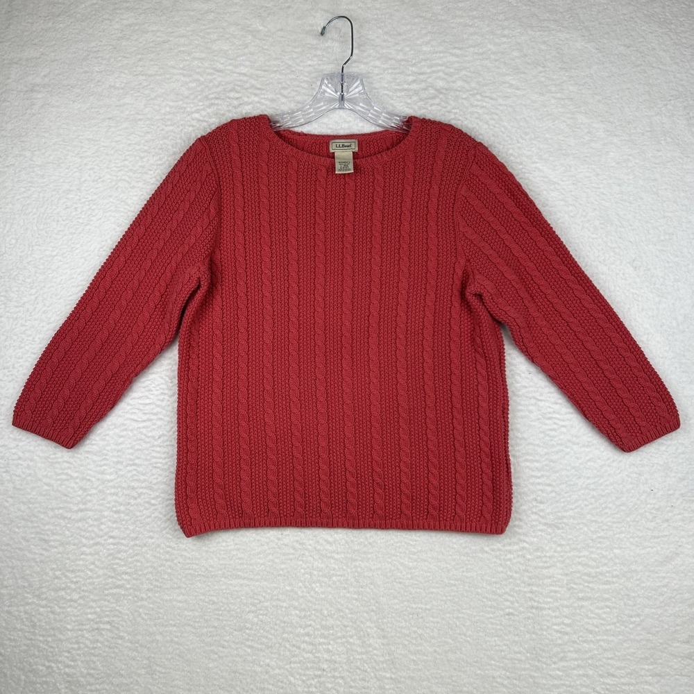 VTG‎ LL Bean Cable Knit Cotton Sweater 3/4 Sleeve Red Pink Women's Large